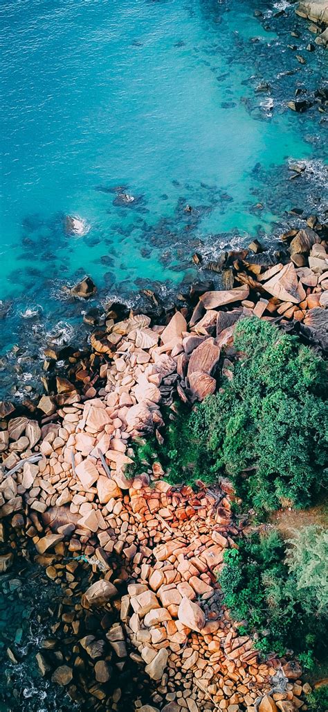 Seashore Wallpaper 4k Coastline Rocks Green Trees Blue Water Ocean