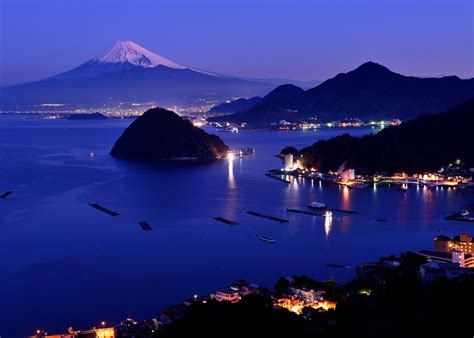Mount Fuji Japan Trees Sky Blue Mountains Lake Evening Nature