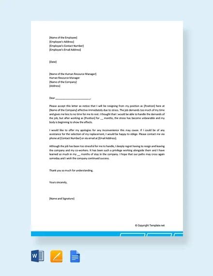 13 Resignation Letter Due To Stress Template Pdf Word Ipages