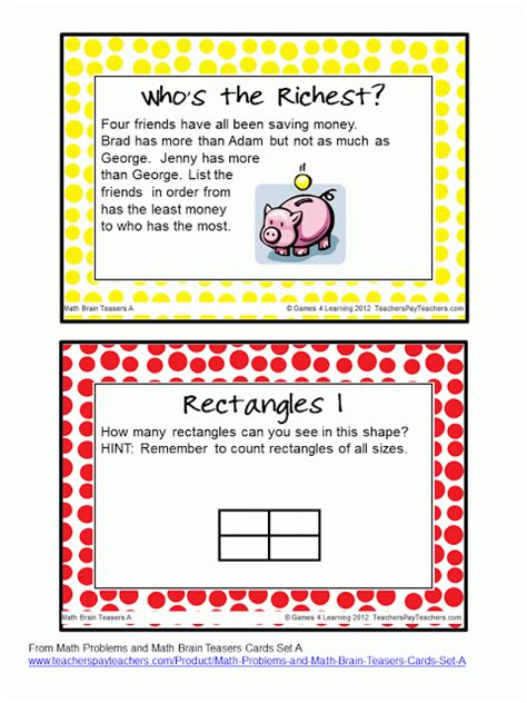 Freebie Brain Teasers Task Cards I Love Math That