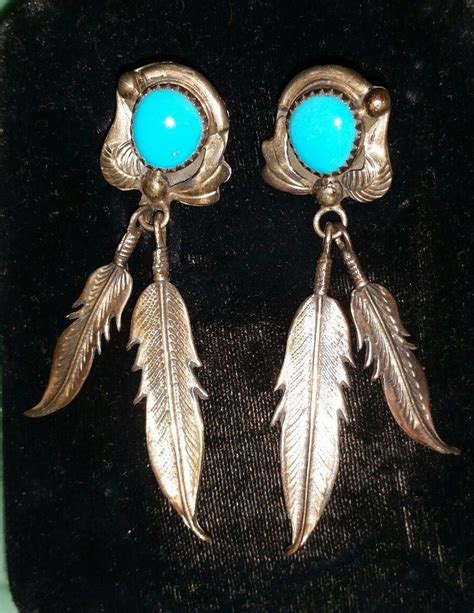 Vintage Navajo Native American 2 Sterling Silver Turquoise 2 FEATHER