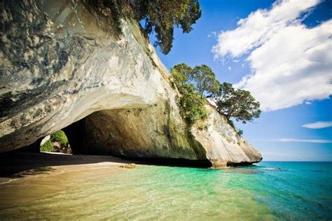 Nature Landscape Photography Cave Rock Trees Beach Sea Sand Clouds New Zealand