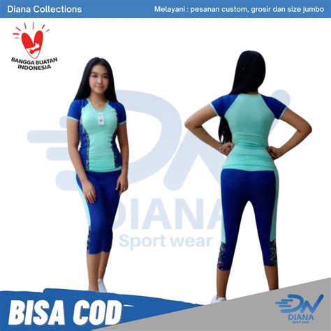 Jual Setelan Pakaian Olahraga Senam Wanita Biru Atasn Baju Senam Lengan Pendek Dan Celana Senam