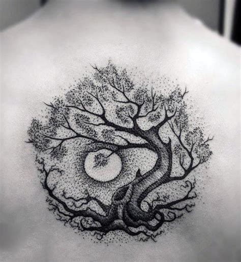 Awesome Dotwork Guys Tree Of Life Moon Upper Back Tattoo Tatuaggistyle