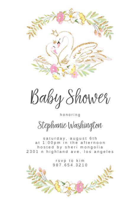 Glitter Swans Baby Shower Invitation Template Free Greetings Island