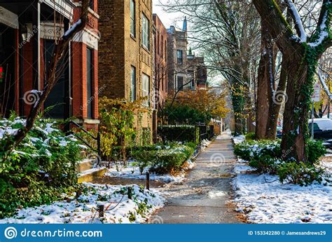 Winter Sidewalk Scene In Lincoln Park Chicago During The Day Stock