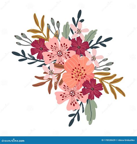Isolated Bouquet Of Cute Abstract Hand Draw Flowers Floral Vector