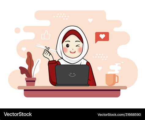 Muslim Women With Hijab Working At Home Office Vector Image