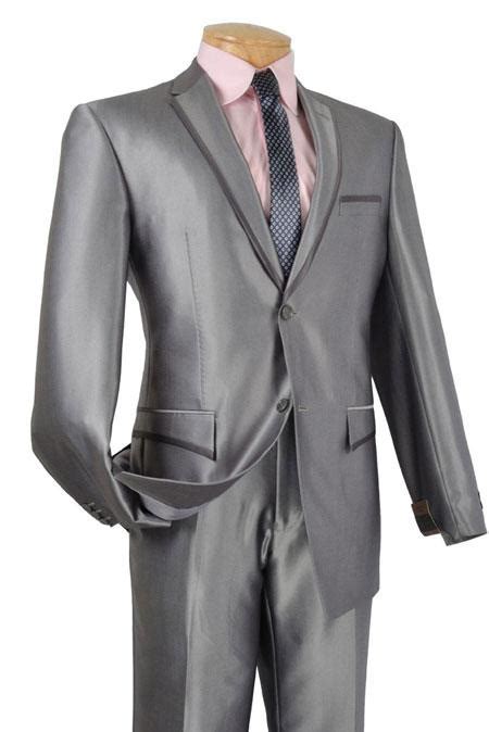 Mens Two Button Slim Fit Suits Shiny Silver Gray Trimmed Tuxedo Looking
