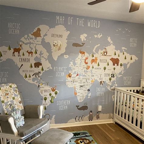 World Map Wall Mural Children Map With Animal Map Wallpaper Etsy