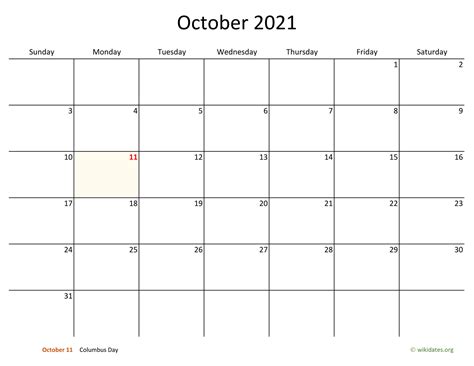 October 2021 Calendar With Bigger Boxes