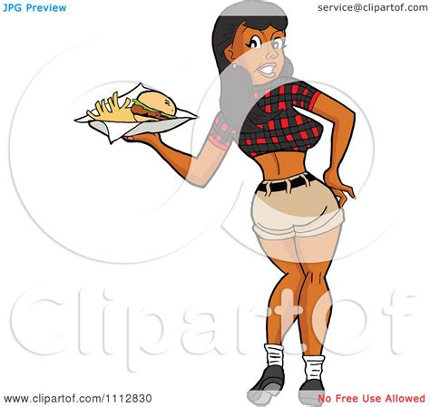clipart sexy black breastaurant waitress in a plaid top looking back and carrying fries