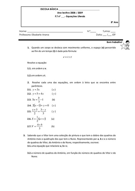 Ficha De Equações Literais 8 Ano Matemática Studocu