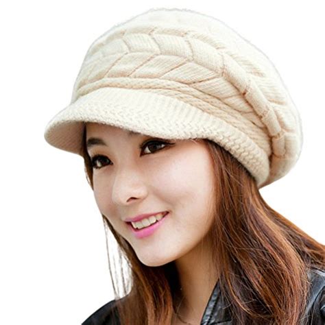 Hindawi Women Winter Warm Knit Hat Wool Snow Caps With Visor Beige