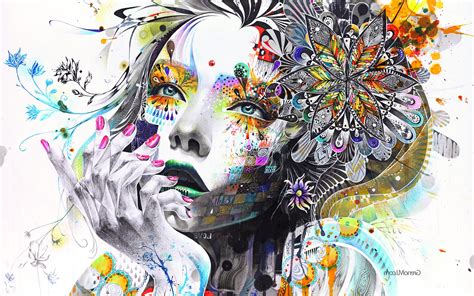 Artwork Hand Face Colorful Women Surreal Mosaic Painting Anime