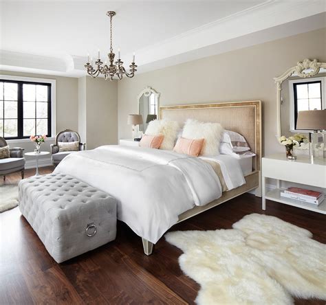 Elegant bedroom featuring a warm and neutral chromatic palette. grey-foam-storage-benches-for-end-of-bed-for-modern-elegant-bedroom-with-soft-ivory-fur-rug-fur ...
