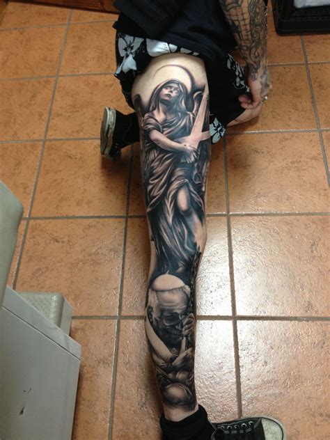 Tattooing is banned in prisons, so inmates resort to creating their own machines and inks. Realistic black and grey leg sleeve done by Mike Storey at ...