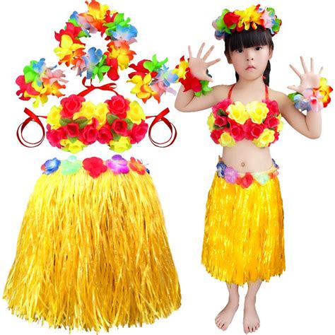Kids Hawaiian Grass Skirt Costumes Flower Girls Hula Lei Sets Headwear