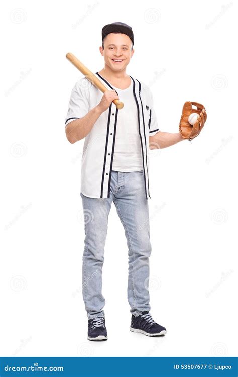 Male Baseball Player Holding Bat And A Ball Stock Image Image Of Pose