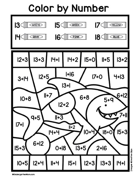 Addition Color by Number Worksheets - Kindergarten Mom | Math addition