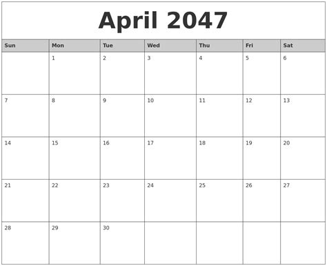 April 2047 Monthly Calendar Printable