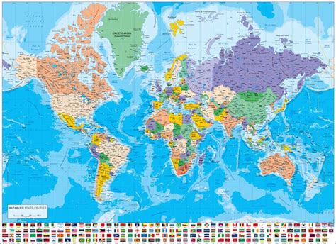 Get the list of countries and capitals in alphabetical order. Physical-political poster worldmap with flags