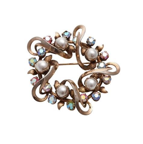 Gold Tone Brooch With Faux Pearls And Crystals Brooches Jewellery