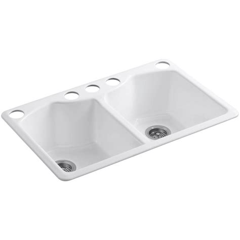 Double bowl kitchen sink white with basin racks. KOHLER Bellegrove Undermount Cast-Iron 33 in. 5-Hole ...