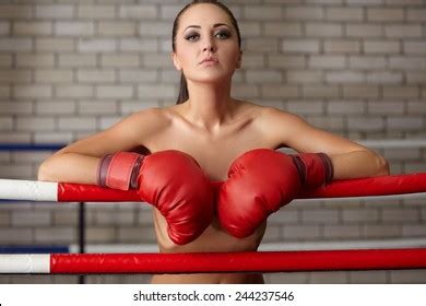 Seductive Woman Posing Naked Boxing Ring Stock Photo