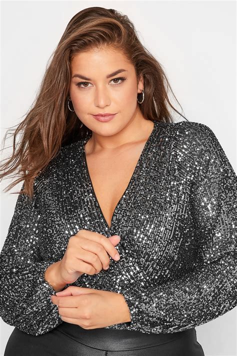 Yours London Plus Size Silver Sequin Embellished Wrap Bodysuit Yours