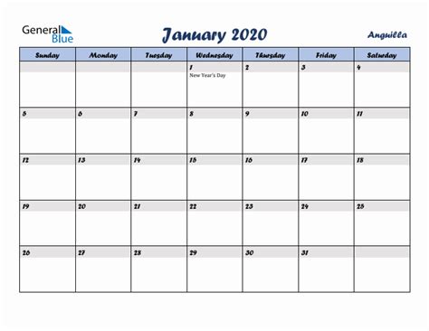 January 2020 Monthly Calendar Template With Holidays For Anguilla