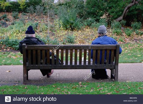 Bench Park Two Old Men London England Uk Adult Sit Sitting Resting