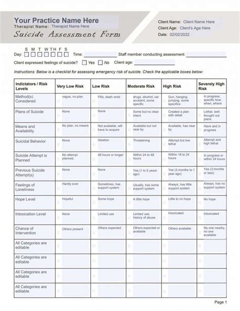 Suicide Risk Assessment Form Template Pdf Therapybypro