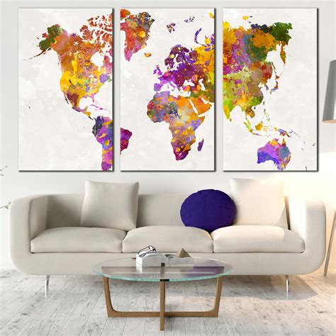 Flat World Canvas Print Colorful World Map 3 Piece Canvas Wall Art F