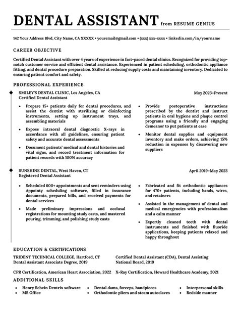 Dental Assistant Resume Template Free