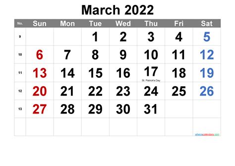 Editable March 2022 Calendar With Holidays Template Noar22m3