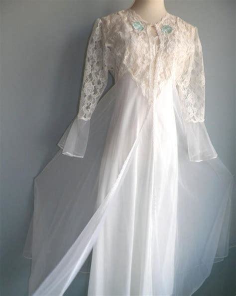 Superb White Lace Nylon Chiffon Negligee Nightgown And Robe Set Size M