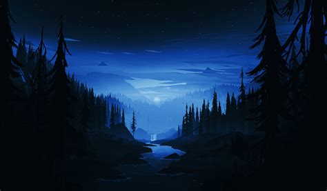 Download 1024x600 Wallpaper Dark Night River Forest Minimal Art