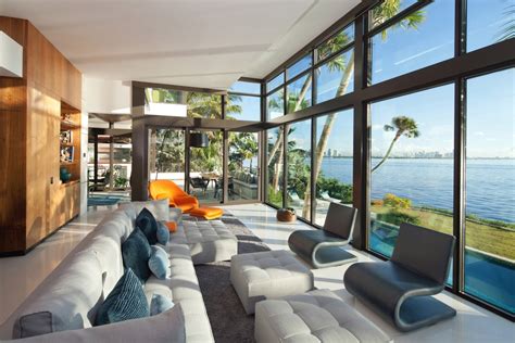 Sofas Living Room Glass Walls Waterfront Residence In Coral Gables