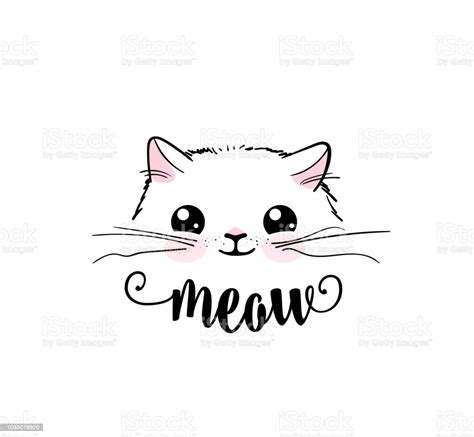 Cute Cat Vector Print Design Meow Lettering Text Kitten