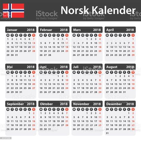 Vetores De Calendário Norueguês Para 2018 Modelo De Agendador Agenda Ou