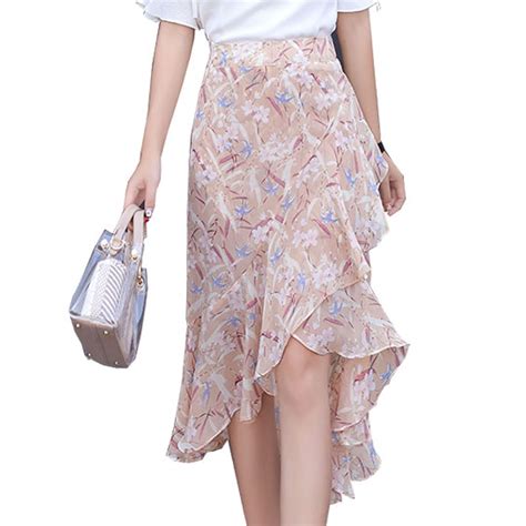Asymmetrical Ruffle Midi Long Summer Skirt Floral Print Elastic Back