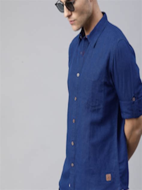 Buy Roadster Men Blue Regular Fit Solid Casual Linen Sustainable Shirt