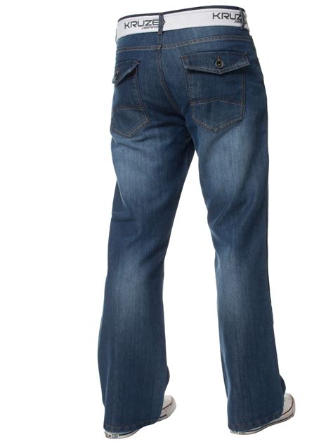 Kruze Bootcut Jeans Mens Flared Wide Leg Denim Trouser Belted Pants All