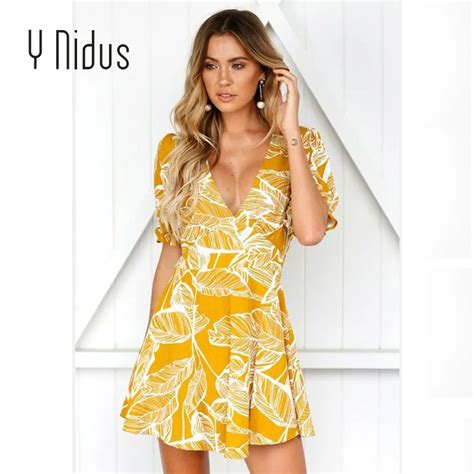 Y Nidus Womens Dress Summer Mini Dress Deep V Neck Printed Sundress Sex Tunic Dress Chic
