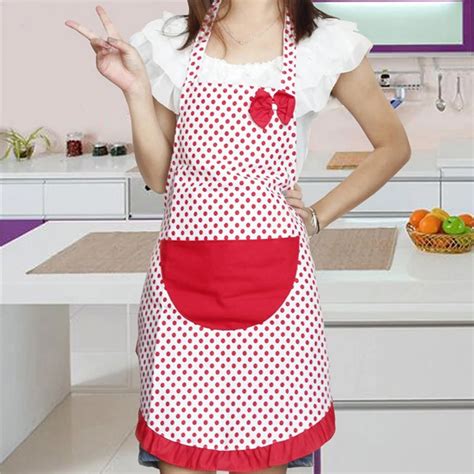 Cute Bow Knot Red Black Dot Women Kitchen Restaurant Bib Cooking Aprons With Pocket In Aprons