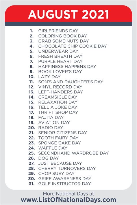 A Printable List Of National Days In August 2021 National Days In