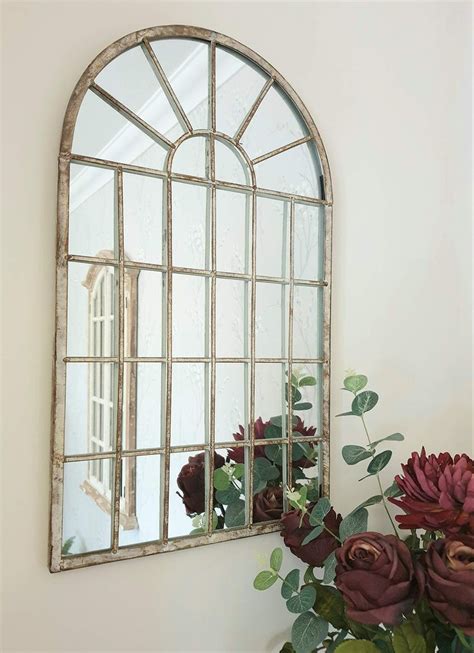 Industrial Vintage Style Cream Metal Arched Window Mirror Home Garden