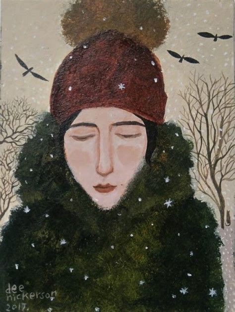 A Painting Of A Woman Wearing A Hat And Scarf With Birds Flying Above