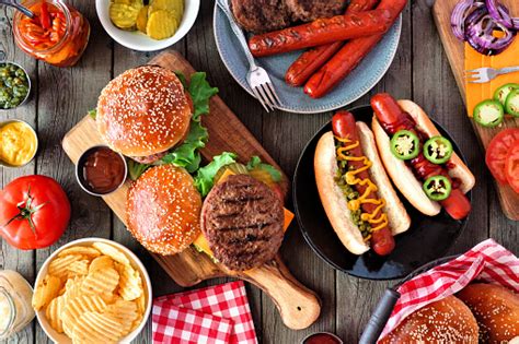 Summer Bbq Food Table Scene With Hot Dog And Hamburger Buffet Top View